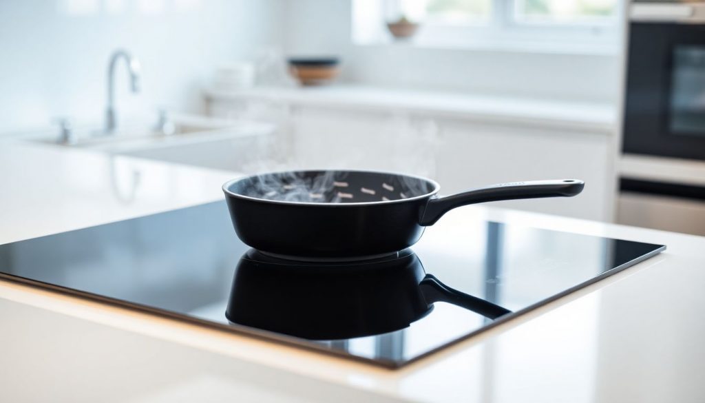 Ein modernes Induktionskochfeld mit einer darauf stehenden Gusseisenpfanne, aus der Dampf aufsteigt, in einer hellen, sauberen Küche.