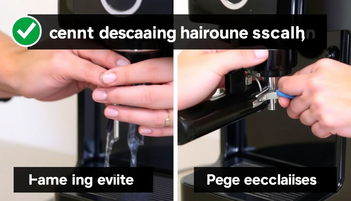 Eine Person entkalkt eine Kaffeemaschine falsch, was zu sichtbaren Schäden wie Kalkablagerungen, Wasseraustritt oder defekten Teilen führt. Daneben liegen die richtigen Entkalkungsmittel und eine gepflegte Maschine.