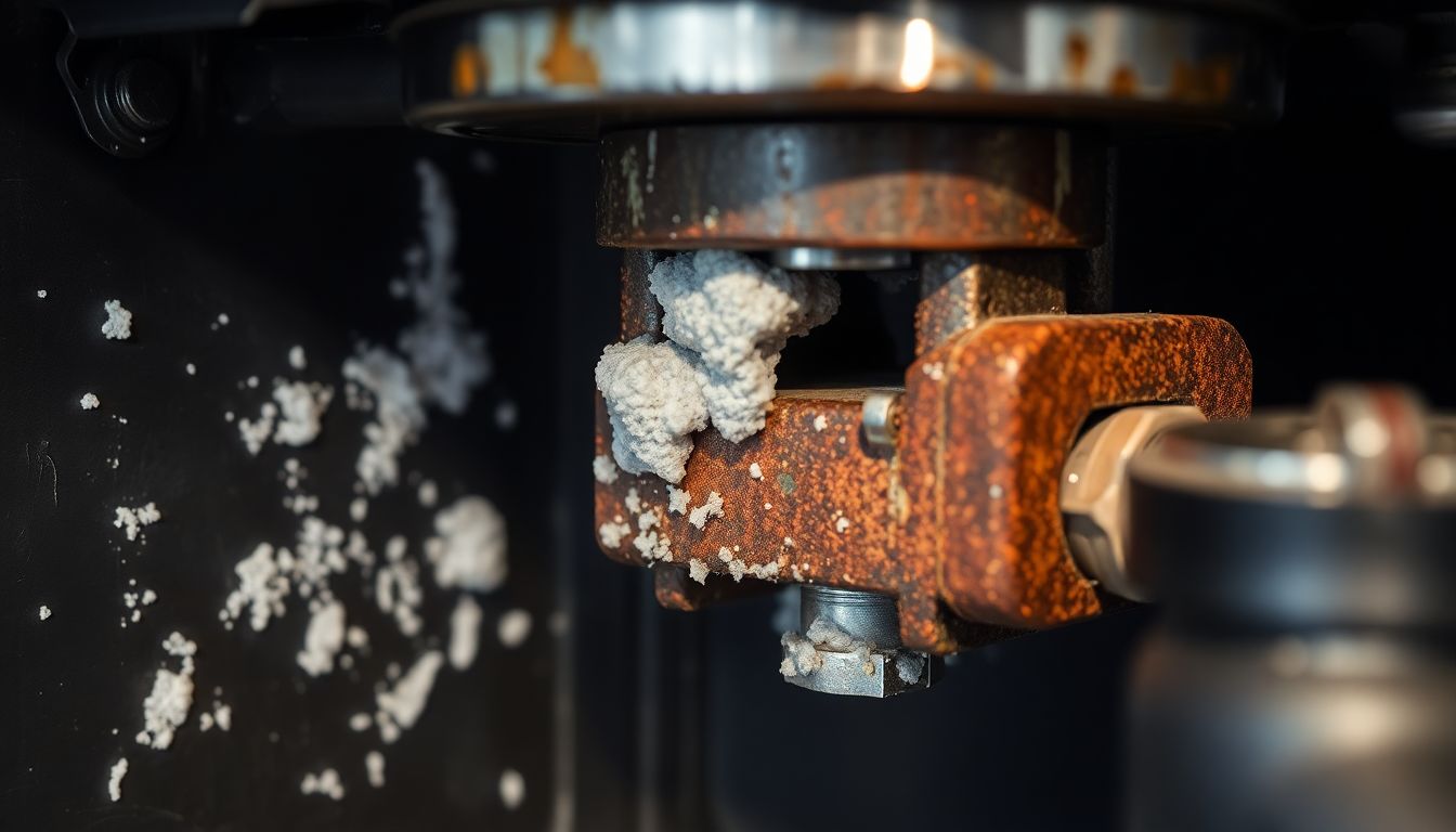 Detailaufnahme einer entkalkten Kaffeemaschine mit Kalkablagerungen und Korrosionsschäden an den inneren Metallteilen