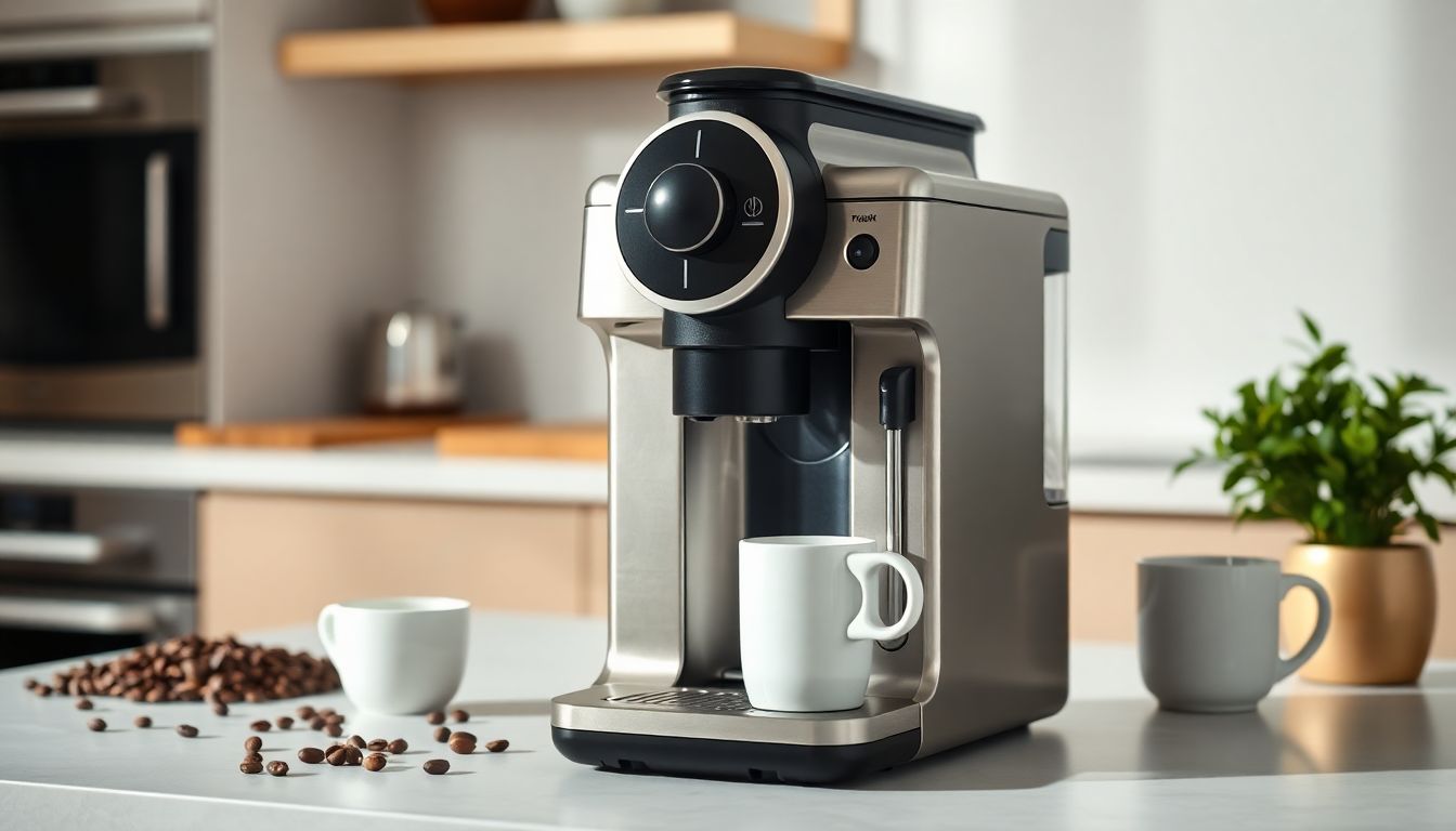 Ein moderner Kaffeevollautomat steht auf einer sauberen Küchenarbeitsplatte. Zu sehen sind Wassertank, Bohnenbehälter und Milchaufschäumer. Im Hintergrund liegen Kaffeebohnen und eine Tasse.