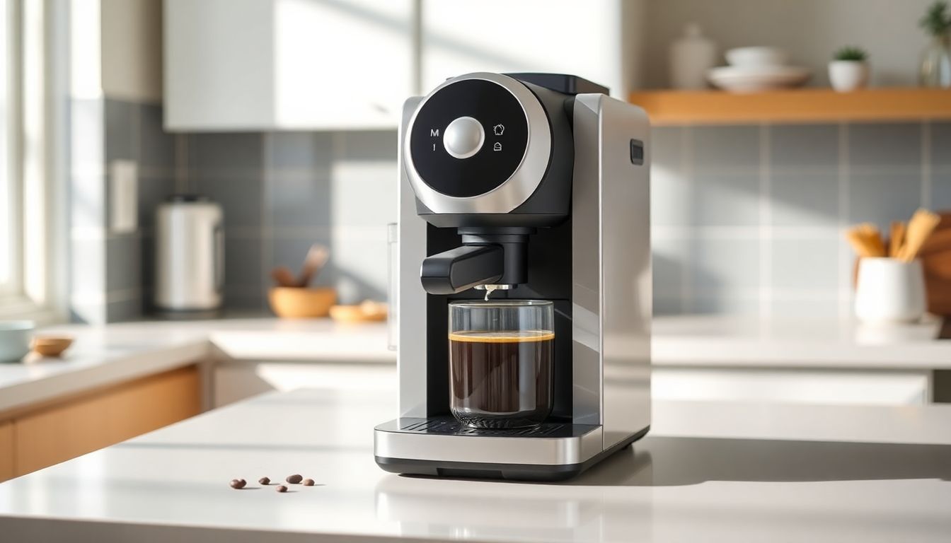 Ein moderner Kaffeevollautomat steht auf einer sauberen Küchenarbeitsplatte. Das Gerät ist das zentrale Element des Bildes und wirkt benutzerfreundlich und hochwertig.