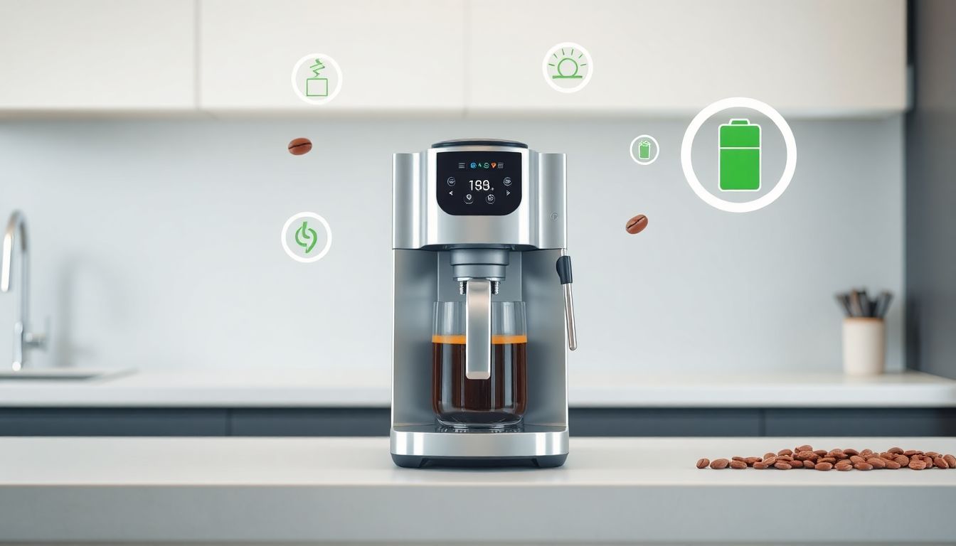 Ein moderner Kaffeevollautomat auf einer Küchenarbeitsplatte mit schwebenden Symbolen für Energieeffizienz und Kaffeebohnen, die Einsparungen bei Strom und Bohnen darstellen
