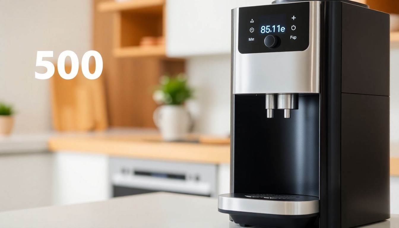 Ein moderner Kaffeevollautomat unter 500 Euro mit Energieeffizienz- und Bohnensparfunktionen, zeigt ein Stromverbrauchsdisplay und eine Kaffeebohnenbehälter, sauberer minimalistischer Küchenhintergrund