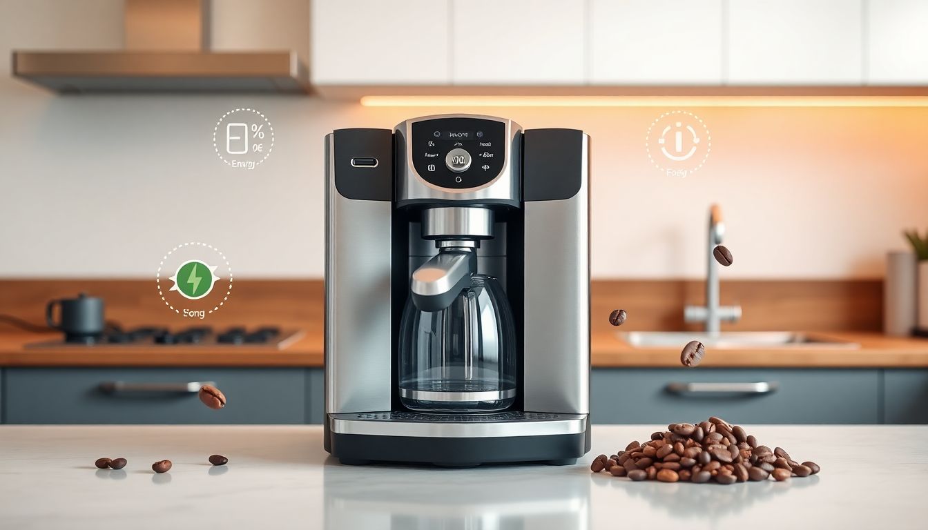 Kaffeevollautomat auf einer Küchenarbeitsplatte mit Symbolen für Energieeffizienz und Kaffeebohnen, die Einsparungen bei Strom und Bohnen darstellen
