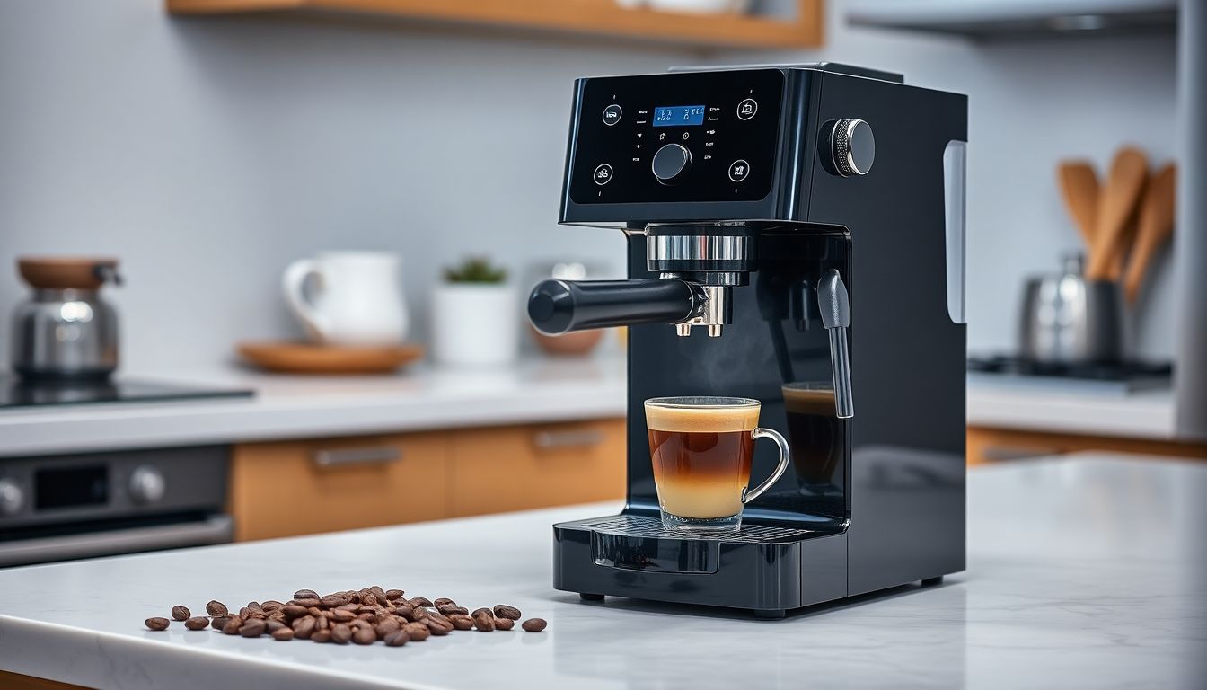 Ein moderner Kaffeevollautomat unter 500 Euro auf einer Küchenarbeitsplatte mit Kaffeebohnen und einer Tasse Espresso