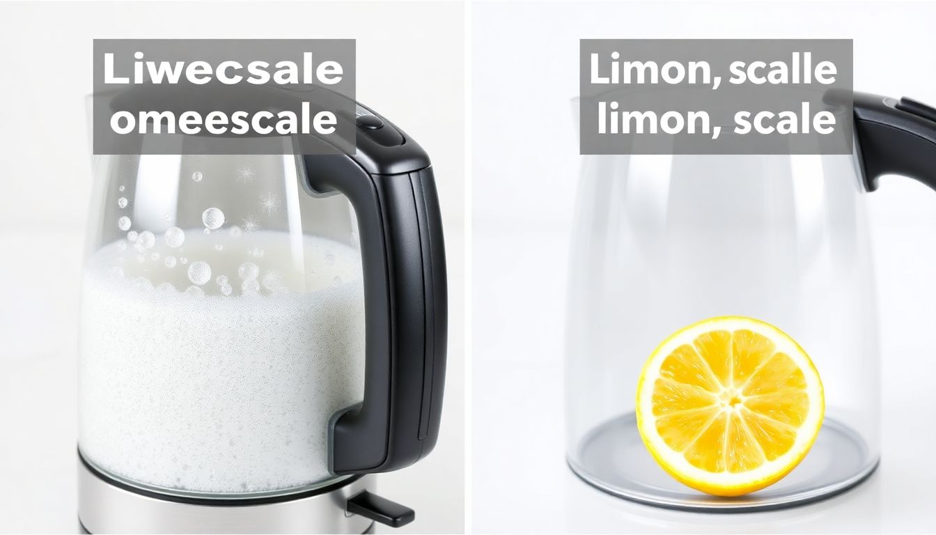 Vergleich von zwei Methoden zur Entkalkung eines Wasserkochers: links mit Essig (starkes Schäumen), rechts mit Zitrone (mildere Reaktion). Deutlich sichtbare Kalkablagerungen und Reinigungsergebnis.