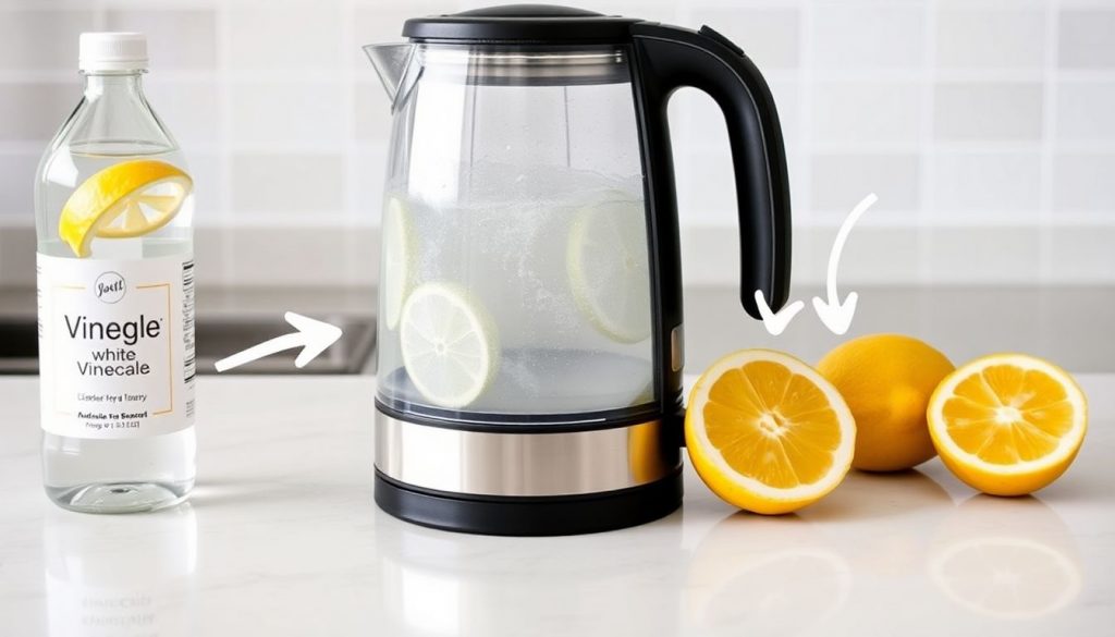 Bild für Artikel: Kalk im Wasserkocher entfernen mit Essig oder Zitrone. Ein Wasserkocher mit Kalkablagerungen, daneben Essig mit Zitronenscheiben und frische Zitronen.