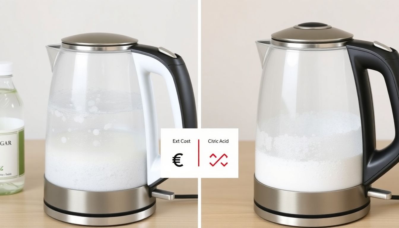 Vergleich von Essig und Zitronensäure zur Entkalkung eines Wasserkochers. Gezeigt werden zwei Kessel im direkten Vergleich mit Kosten- und Effektivitätsangaben.
