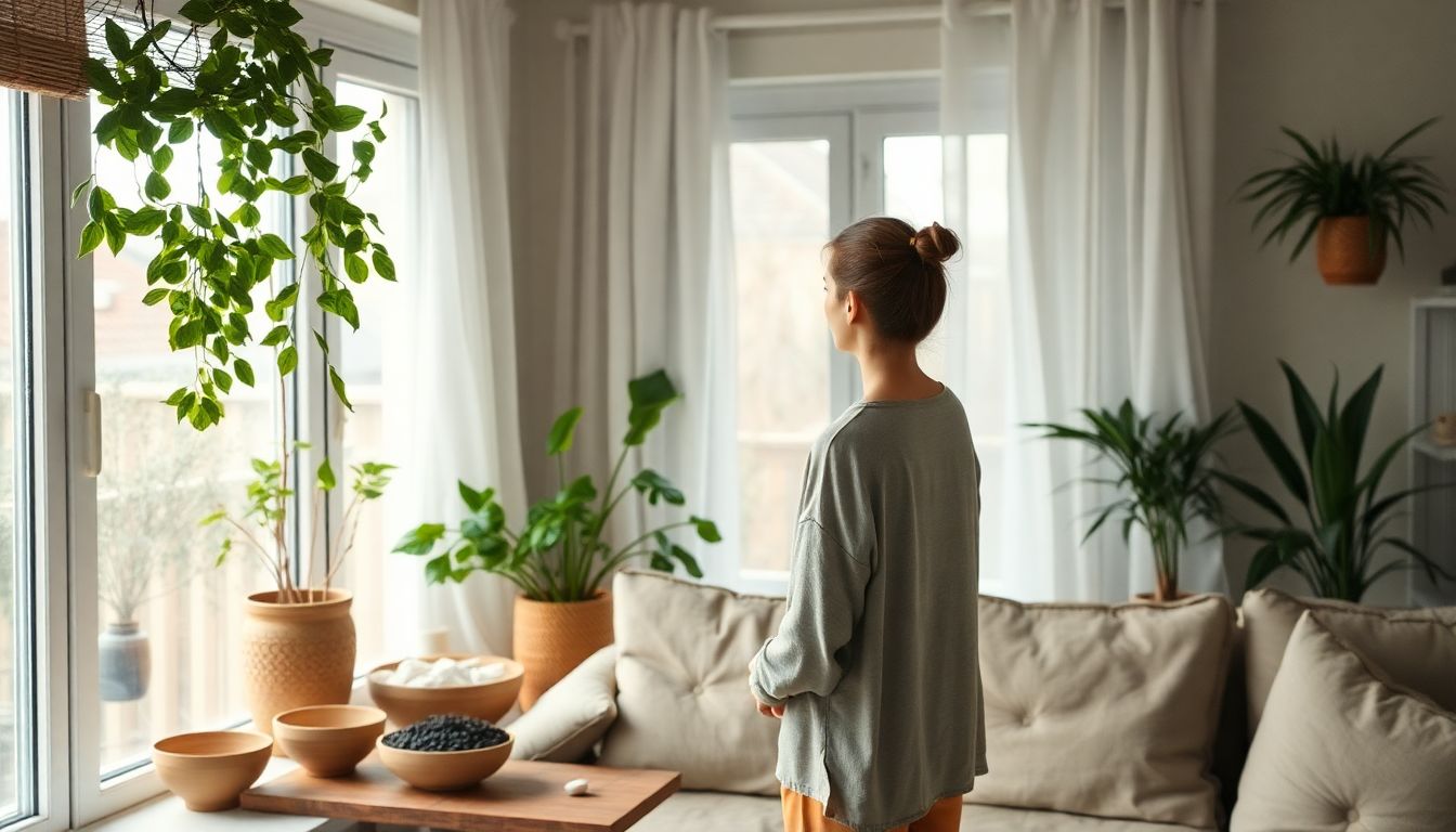 Eine Person, die in einer Wohnung natürliche Methoden wie Schalen mit Salz oder Holzkohle, Lüften oder Zimmerpflanzen nutzt, um die Luftfeuchtigkeit zu senken.