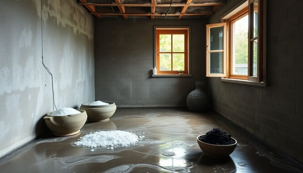 Feuchter Keller mit Hausmitteln zur Entfeuchtung wie Schalen mit Salz und Holzkohle sowie geöffnetem Fenster zur Belüftung.