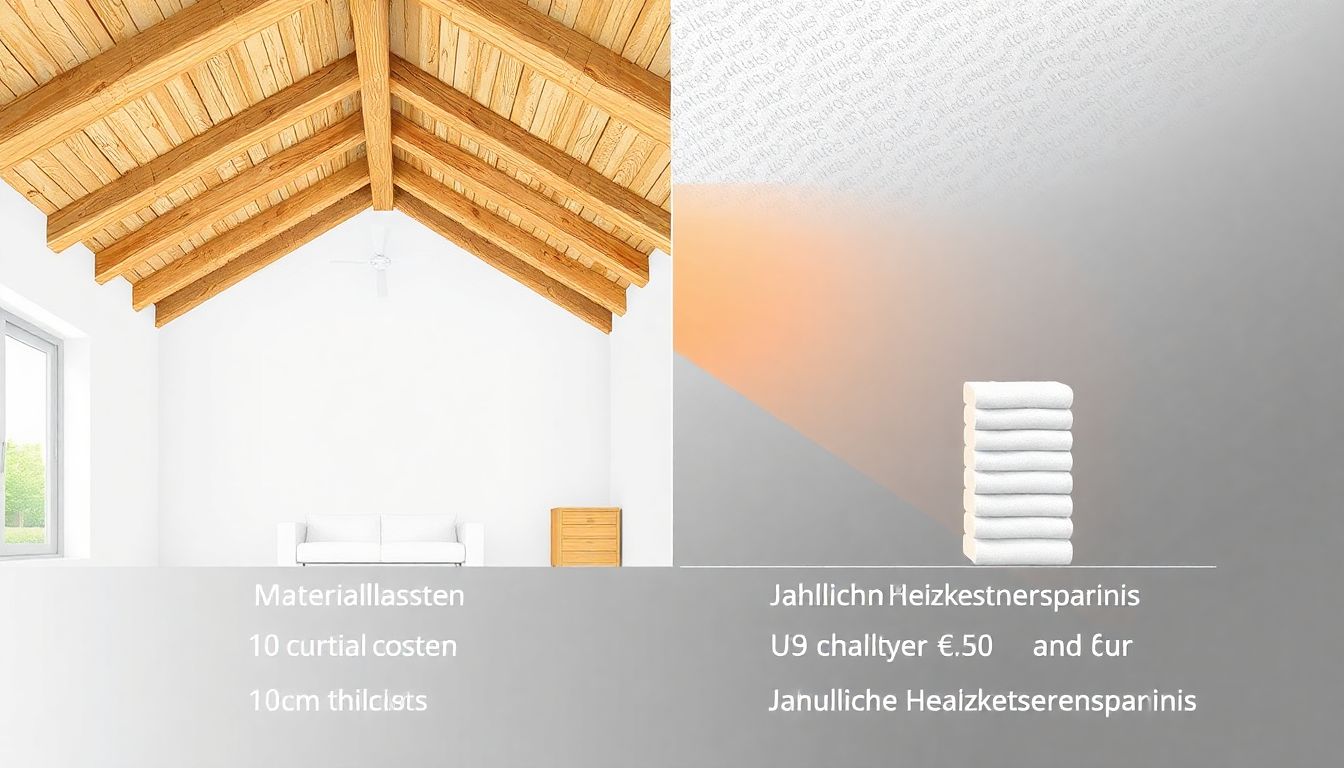 Grafische Darstellung: Querschnitt einer Kellerdecke. Links ungedämmt mit entweichender Wärme, rechts gedämmt mit 10 cm Styropor und eingehaltener Wärme. Darunter ein Vergleich der Materialkosten mit der jährlichen Heizkostenersparnis.