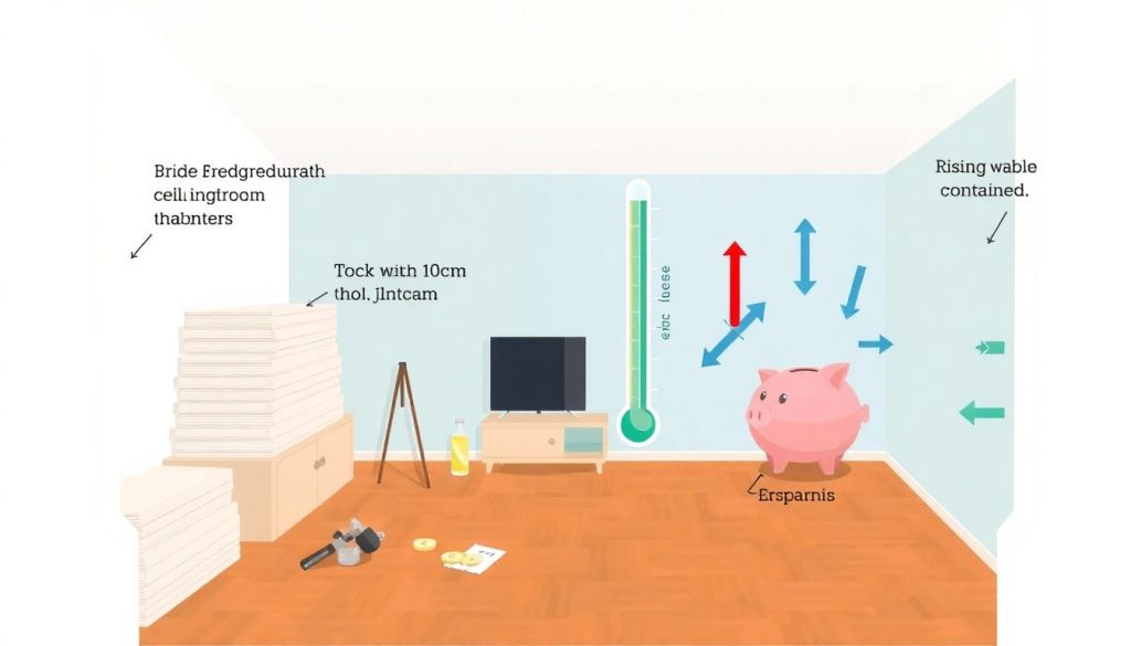 Grafik: Querschnitt einer Kellerdecke, die mit 10 cm dicken Styroporplatten gedämmt wird. Links Materialkosten (Styroporplatten, Kleber, Werkzeug mit Preisschild), rechts Heizkostenersparnis (Thermometer mit geringerem Verbrauch, Euro-Münzen die in Sparschwein fließen, Pfeile die aufsteigende Warmluft zeigen).