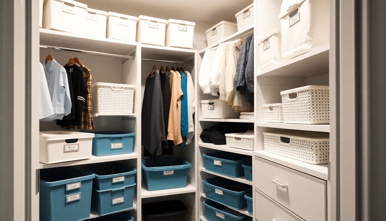 Ein organisierter Kleiderschrank in einem kleinen 5 Quadratmeter Zimmer, der verschiedene Aufbewahrungssysteme und Ordnungslösungen zeigt. Der Raum ist aufgeräumt und effizient, mit beschrifteten Boxen, Hängeorganisatoren, Regalen und Schubladen. Die Beleuchtung ist hell und lässt den kleinen Bereich geräumig und funktional wirken.
