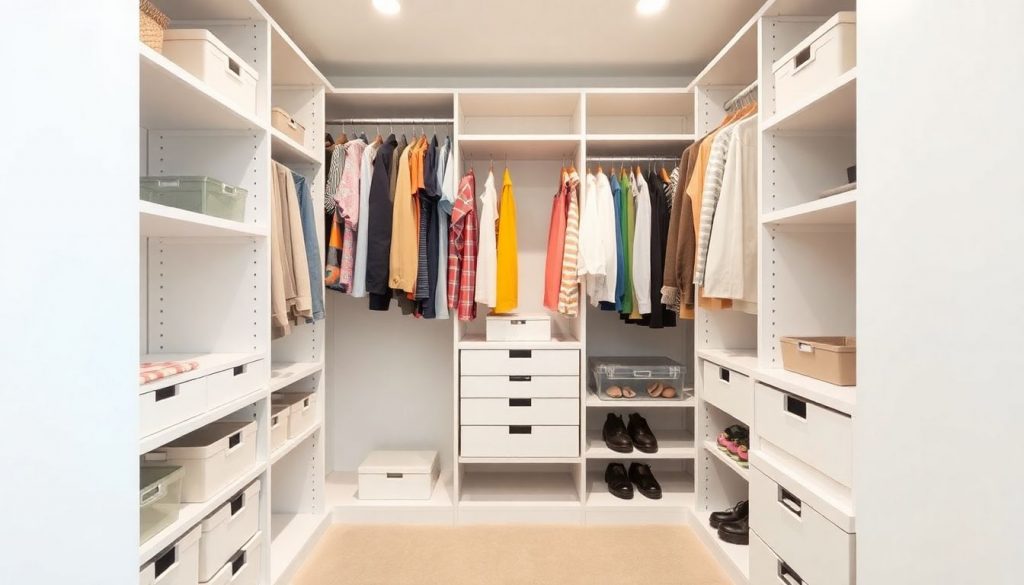 Ein organisierter Kleiderschrank in einem 5 Quadratmeter großen Raum, mit ordentlichen Regalen, Aufhängestangen, beschrifteten Aufbewahrungsboxen und platzsparenden Lösungen wie Schubladen und Schuhregalen.