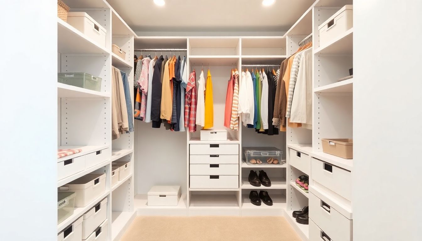 Ein organisierter Kleiderschrank in einem 5 Quadratmeter großen Raum, mit ordentlichen Regalen, Aufhängestangen, beschrifteten Aufbewahrungsboxen und platzsparenden Lösungen wie Schubladen und Schuhregalen.