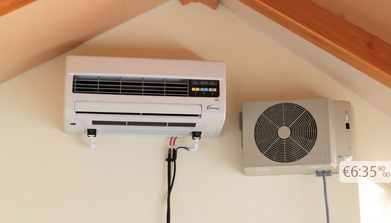 Split-Klimaanlage in einer Dachgeschosswohnung mit Innen- und Außengerät, Verkabelung und Stromverbrauchsangaben im Bild.
