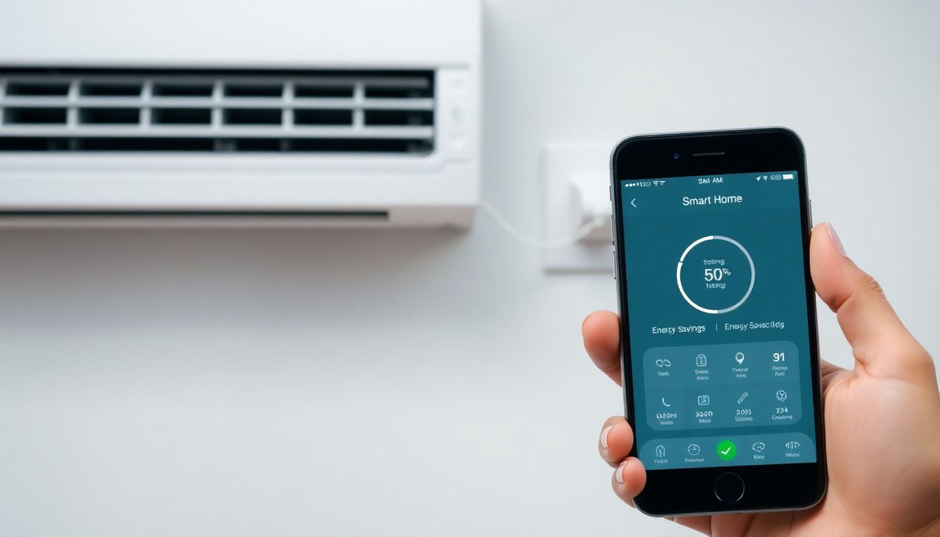 Smartphone zeigt Smart-Home-App zur Steuerung einer Klimaanlage über einen Smart Plug, mit Anzeige der Stromkostenersparnis.