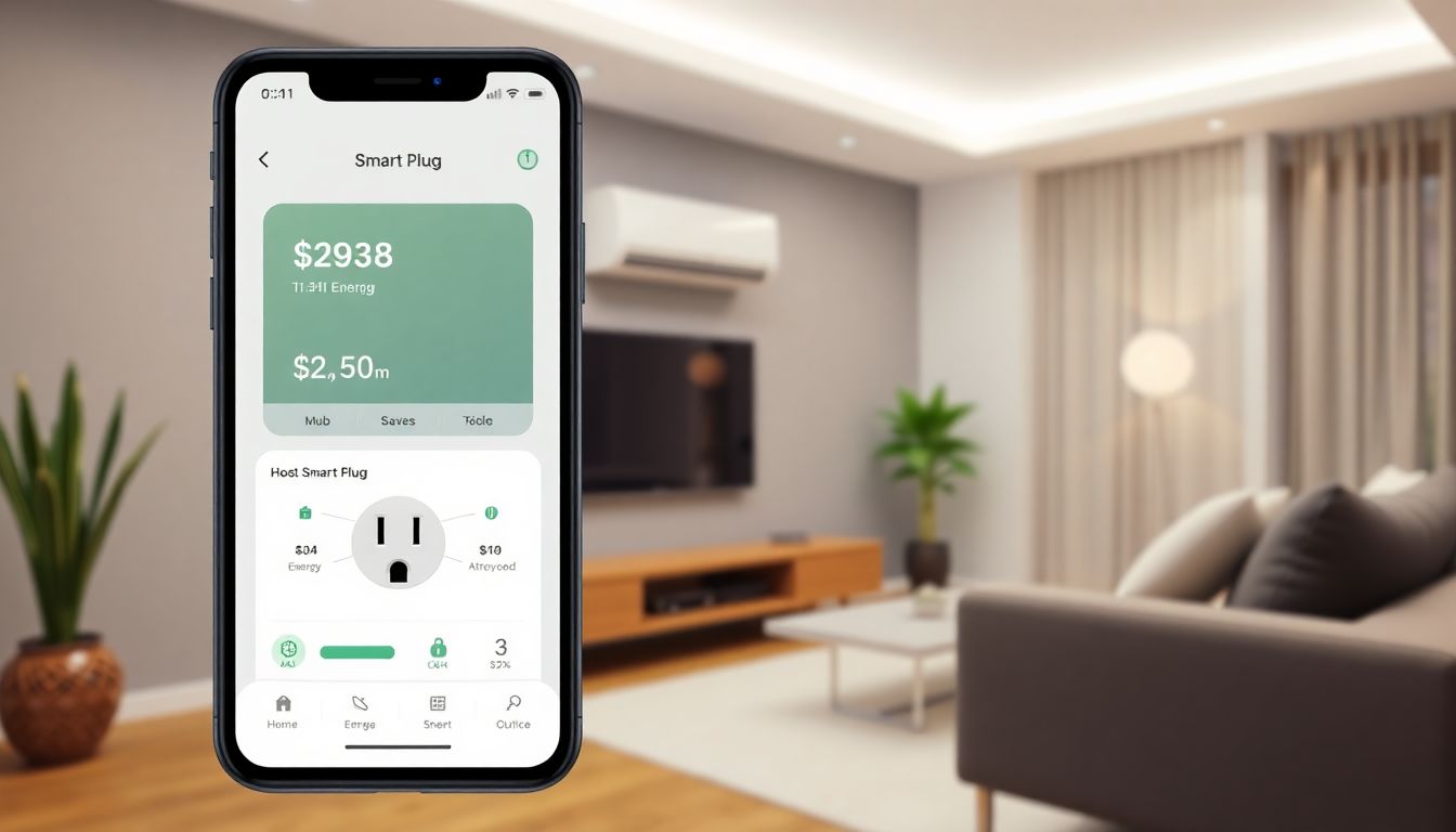 Header-Bild für Artikel: Smart Plug zur Steuerung einer Klimaanlage in einem modernen Wohnzimmer, zeigt Energieeinsparungen auf einem Smartphone-Display.