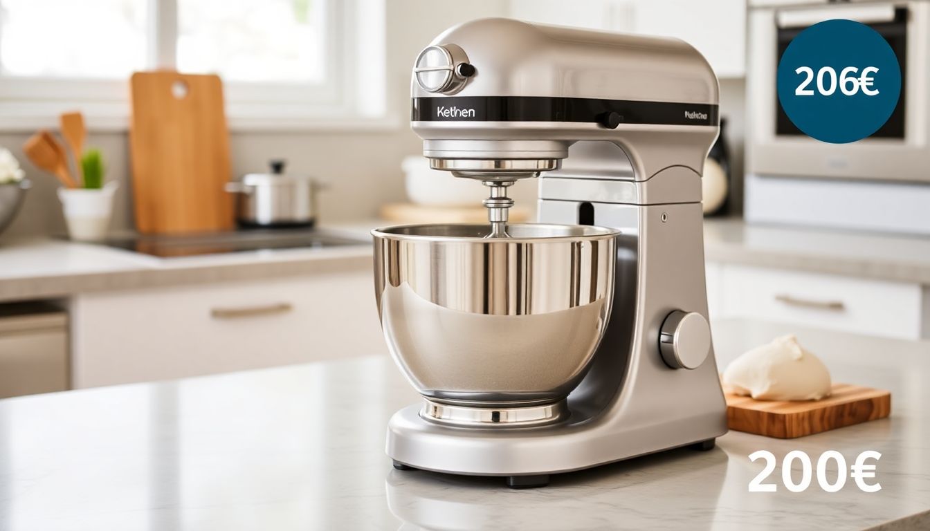 Eine moderne Küchenmaschine, die einen großen Teig aus Roggenmehr knetet, auf einer Arbeitsplatte in einer hellen Küche.