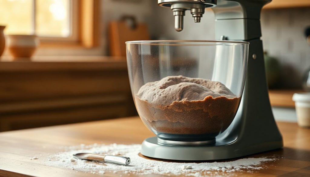 Küchenmaschine knetet Roggenteig auf einer Arbeitsplatte in der Küche