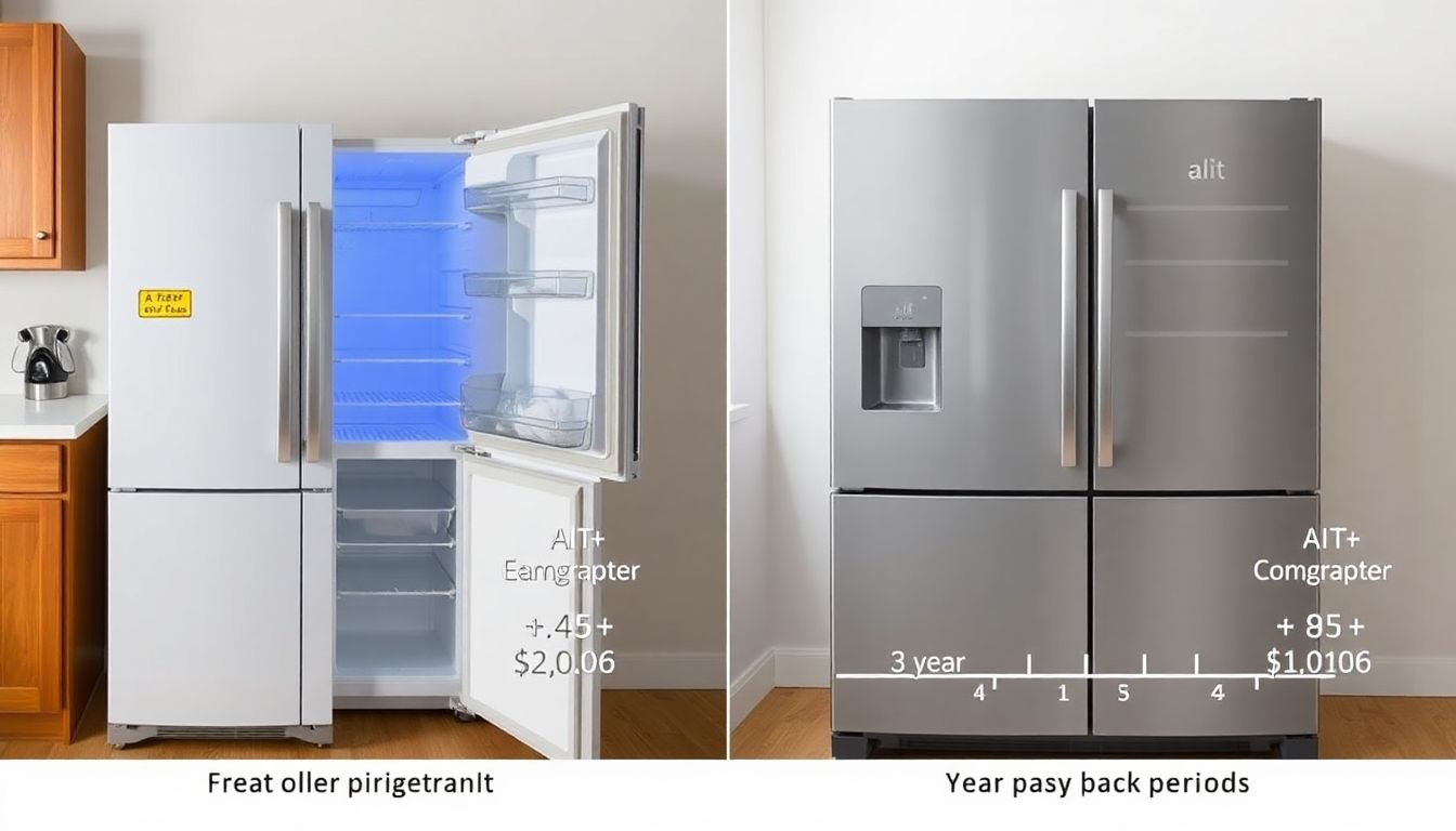 Grafische Darstellung einer Kühl-Gefrierkombination: Vergleich der Energieeffizienzklassen A und A+++ mit Amortisationsberechnung über 3 Jahre