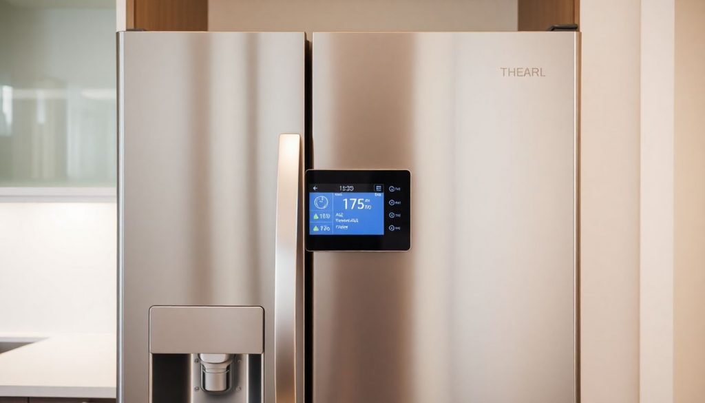 Moderne Kühl-Gefrierkombination mit smarten Temperatursensoren, die vor Stromausfall und Defekten warnen.