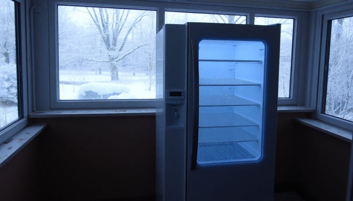 Ein Kühlschrank steht in einem ungeheizten Wintergarten mit vereisten Fenstern und winterlicher Landschaft im Hintergrund.