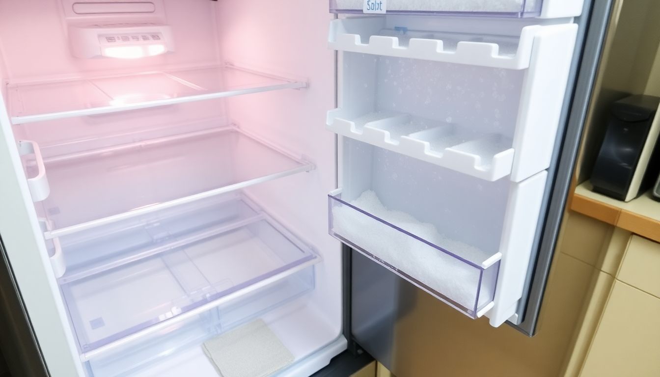 Ein moderner Kühlschrank mit No-Frost-Funktion wird sicher abgetaut, das Innenleben zeigt eisfreie Fächer, eventuell mit einem Handtuch darunter zum Auffangen von Wassertropfen, in einer sauberen Küchenumgebung