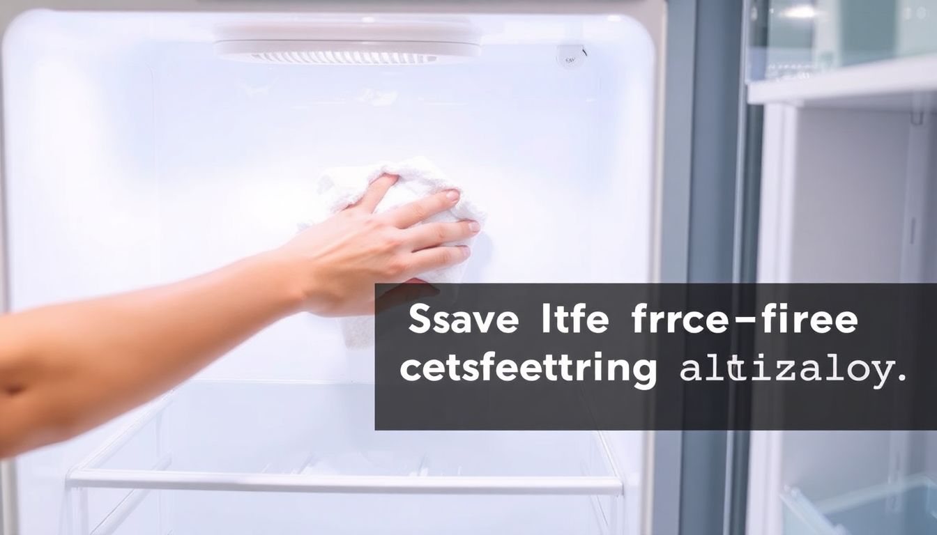 Eine Person taut einen modernen No-Frost-Kühlschrank schonend ab, indem sie vorsichtig Reif mit einem weichen Tuch entfernt.