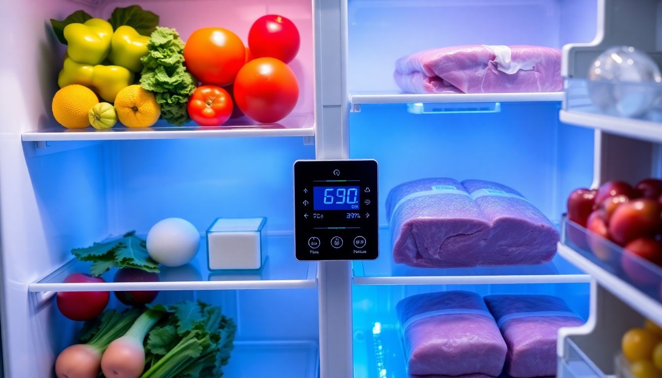 Ein moderner Kühlschrank mit sichtbaren Temperaturreglern, in dem Gemüse, Milchprodukte und Fleisch in den optimalen Zonen gelagert sind.