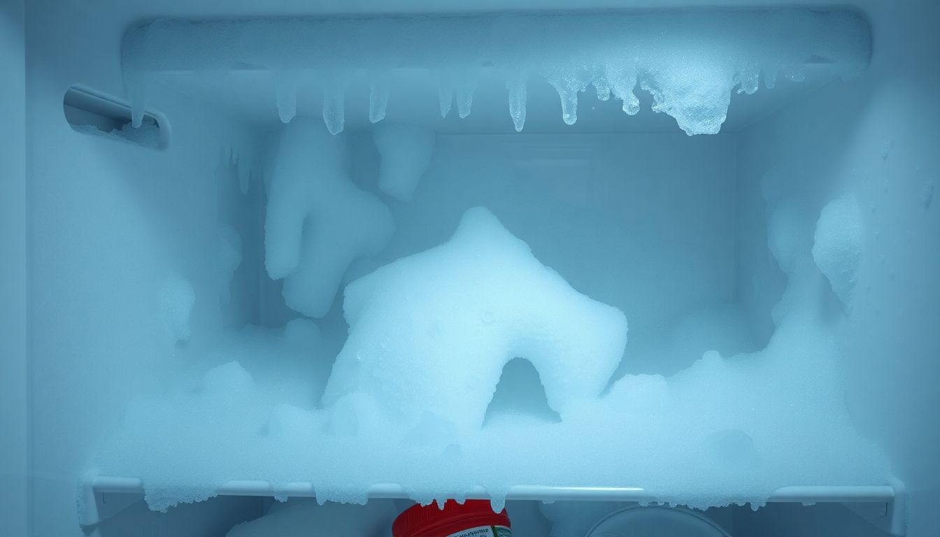Ein vereistes Kühlschrankinnere mit dicker Eisschicht an den Wänden und Ablagen, trotz Abtauautomatik.