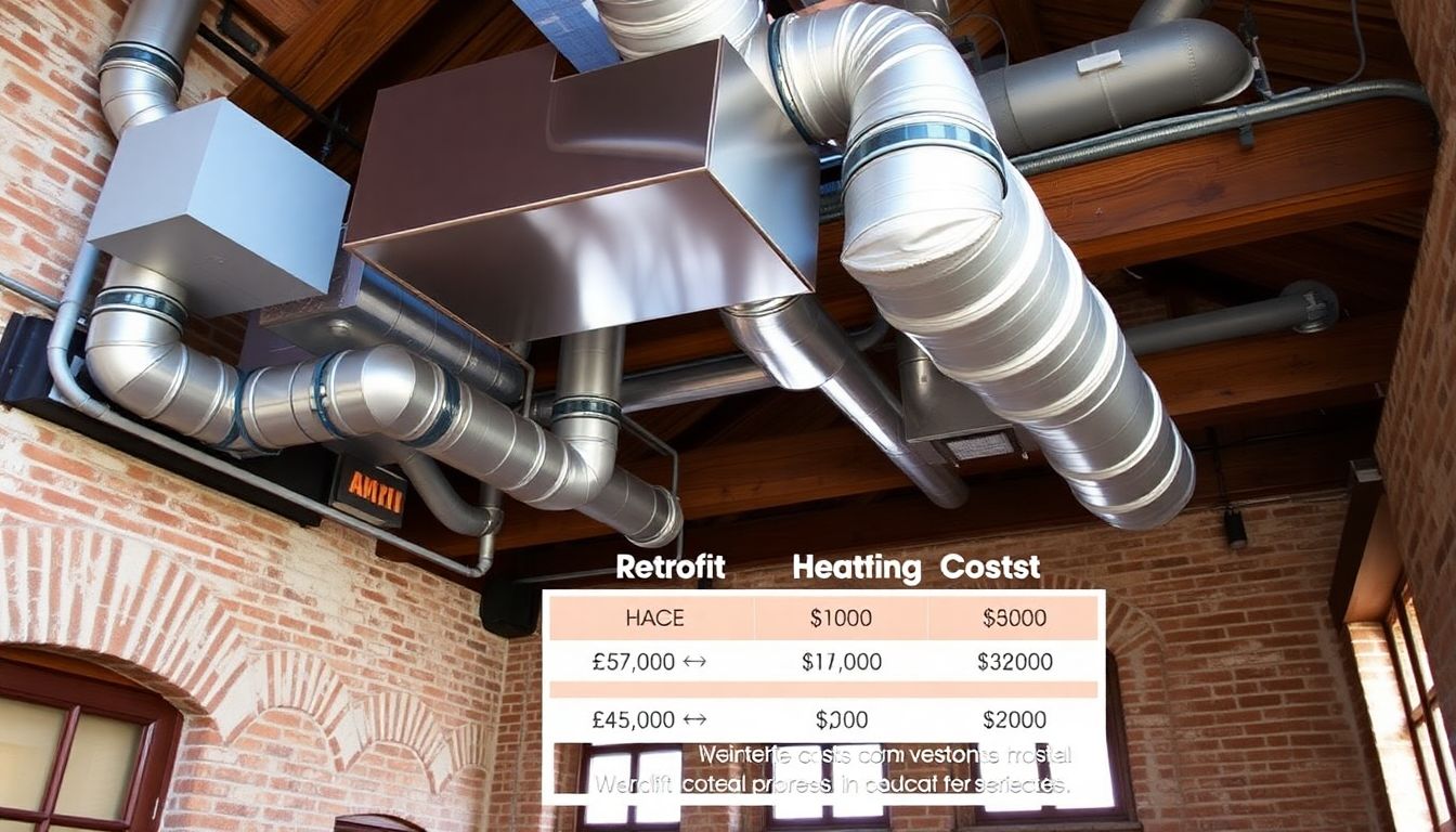 Lüftungsanlage mit Wärmerückgewinnung, eingebaut in die historische Bausubstanz eines Altbaus. Im Vordergrund sind moderne Lüftungskanäle sichtbar, die harmonisch in den bestehenden Raum integriert wurden. Überlagert ist eine grafische Darstellung, die die Nachrüstkosten den potenziellen Heizkosteneinsparungen gegenüberstellt.