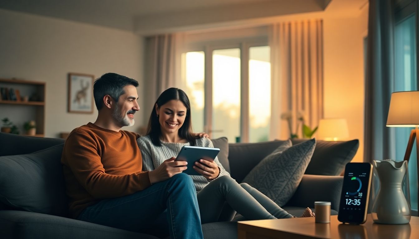 A couple reviews energy usage on a tablet in their cozy, warmly lit living room.