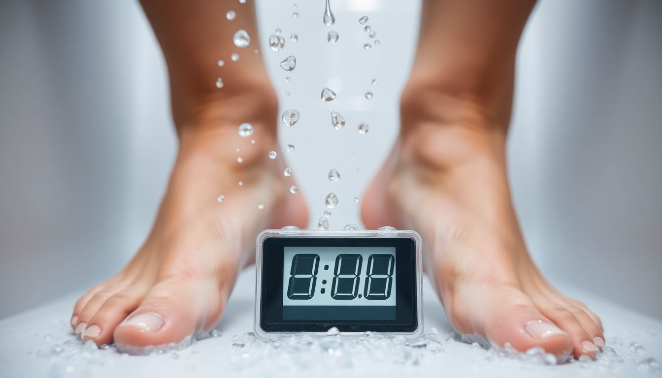 Close-up of feet in a shower with water stopped and a timer showing 8 minutes.
