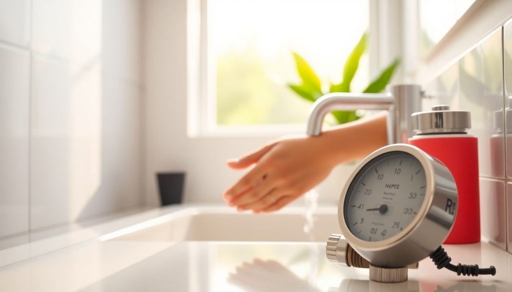 A hand turning off a water tap while soaping, with a water meter visible in a modern bathroom.