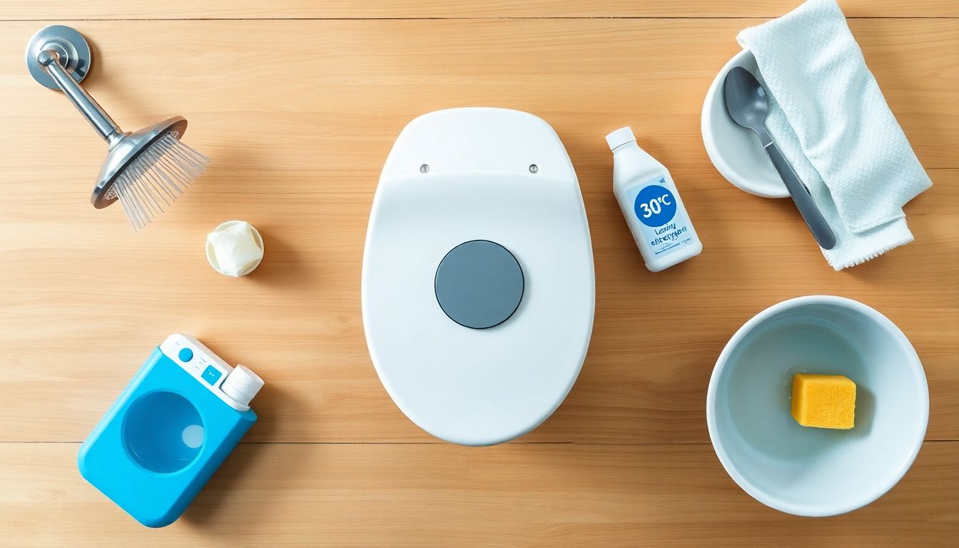 Overhead flat lay showing a dual-flush toilet button, a water-saving showerhead, and symbols for efficient washing and dishwashing.