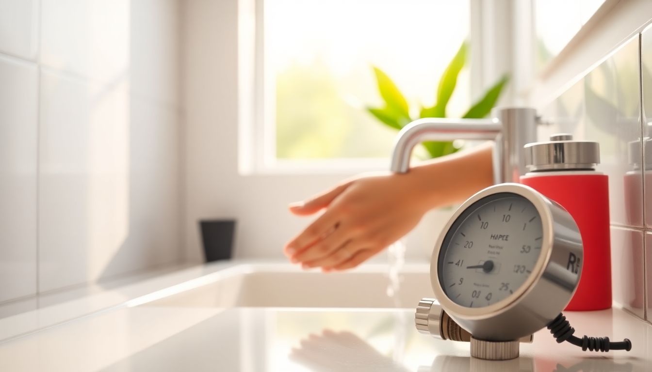 A hand turning off a water tap while soaping, with a water meter visible in a modern bathroom.