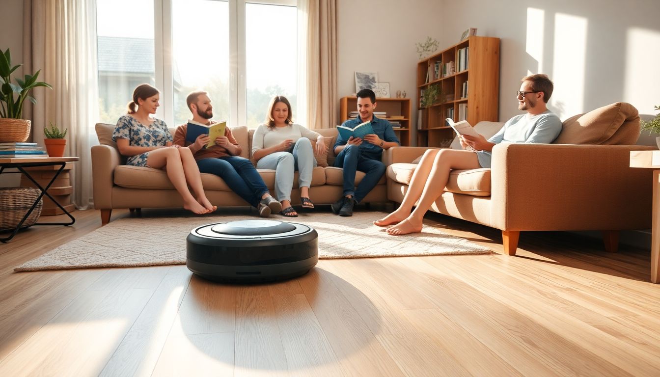 Robot vacuum maintaining clean floors over week while family enjoys leisure time