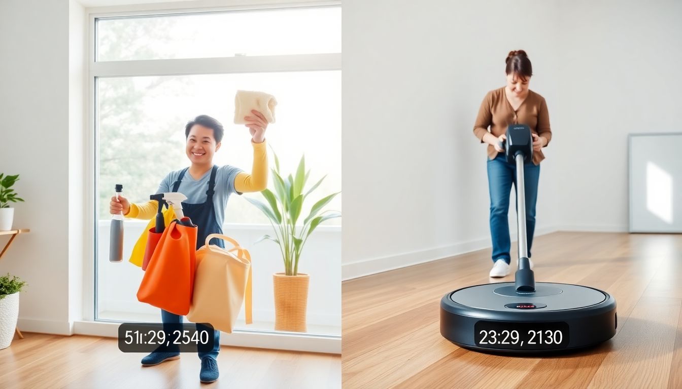 Comparison visual showing human cleaner versus robot vacuum in modern home setting
