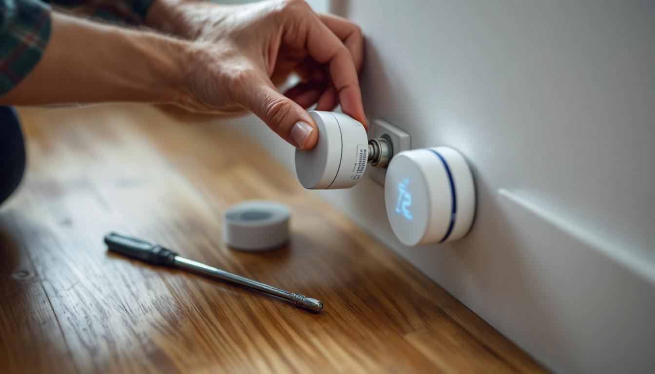 Nahaufnahme der Installation eines smarten Thermostats auf einem Heizkörperventil im Schlafzimmer.