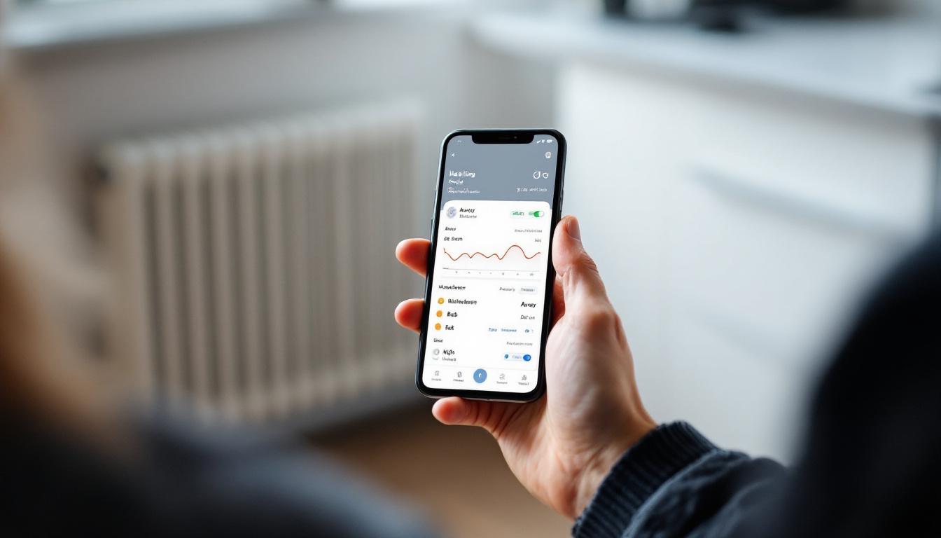 Smartphone-Bildschirm mit einer Smart-Home-App zur Steuerung und Programmierung smarter Heizkörperthermostate in verschiedenen Räumen.