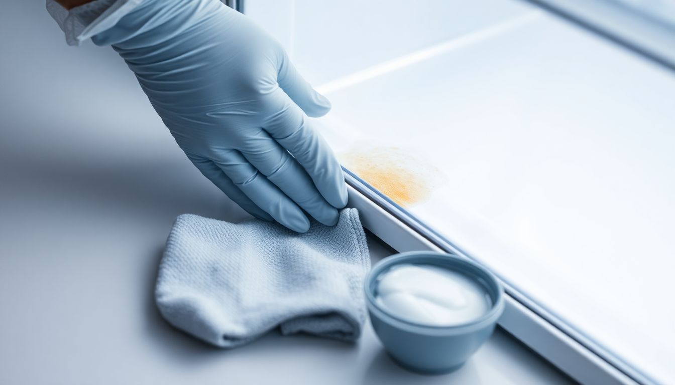 Close-up of someone cleaning a refrigerator's rubber seal, demonstrating a key maintenance step for improving appliance efficiency.