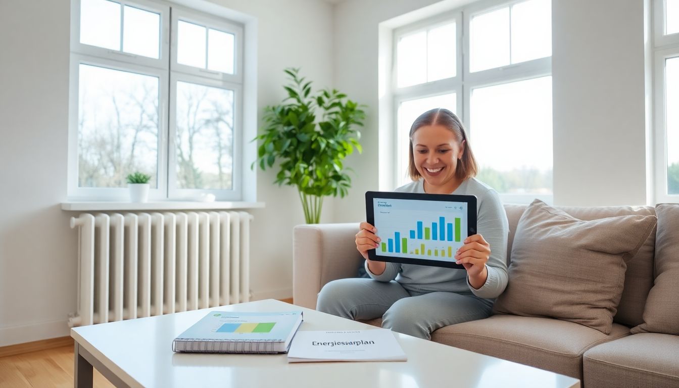 A person in a bright, clean living room reviews energy savings data on a tablet, symbolizing the benefits of a smoke-free household.