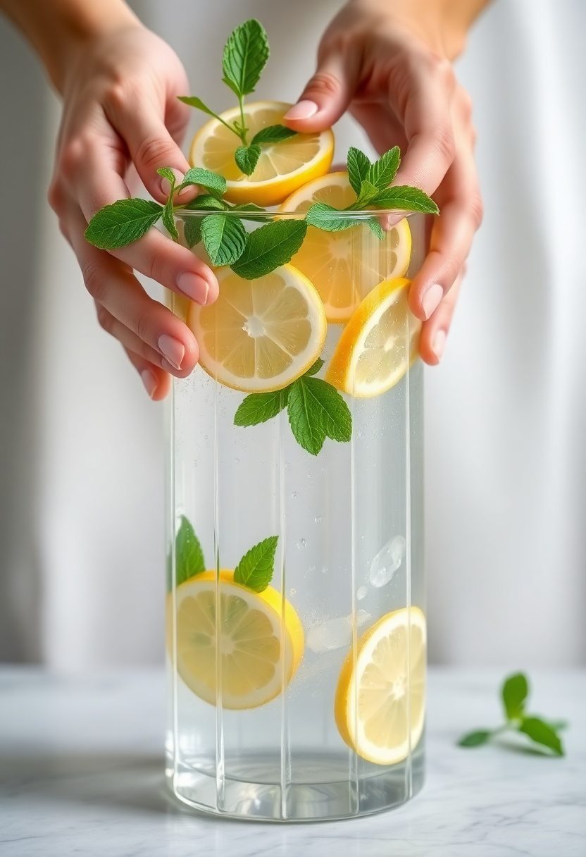 Hands preparing alkaline infused water with lemon and mint.