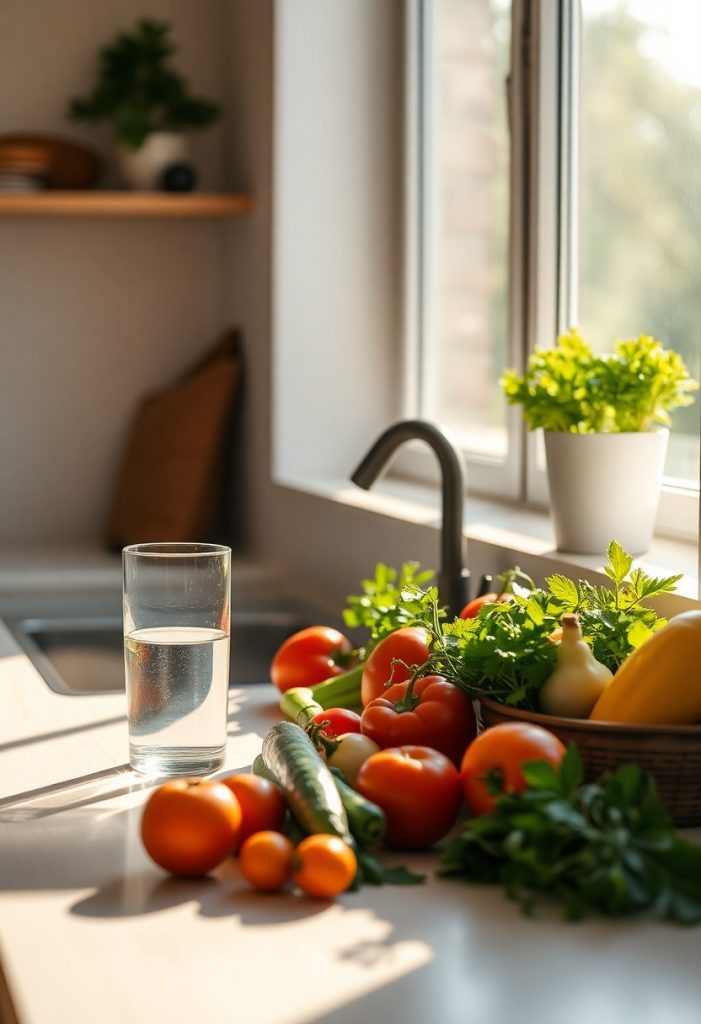 A cozy kitchen scene with fresh produce and water, representing a balanced, alkaline-focused diet.