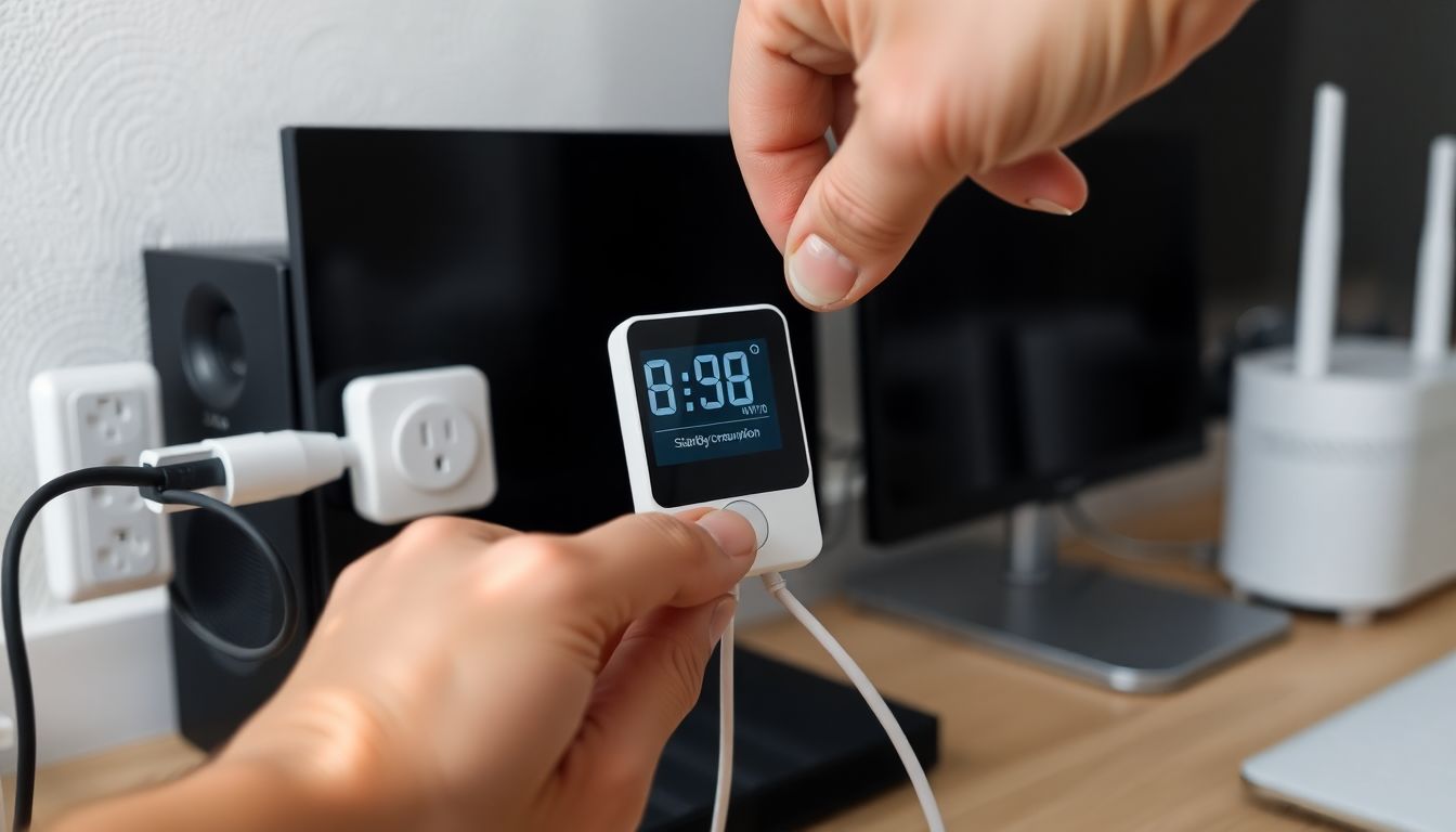 Close-up of a smart plug energy meter being connected to a home office power strip, showing the standby power consumption on its display.