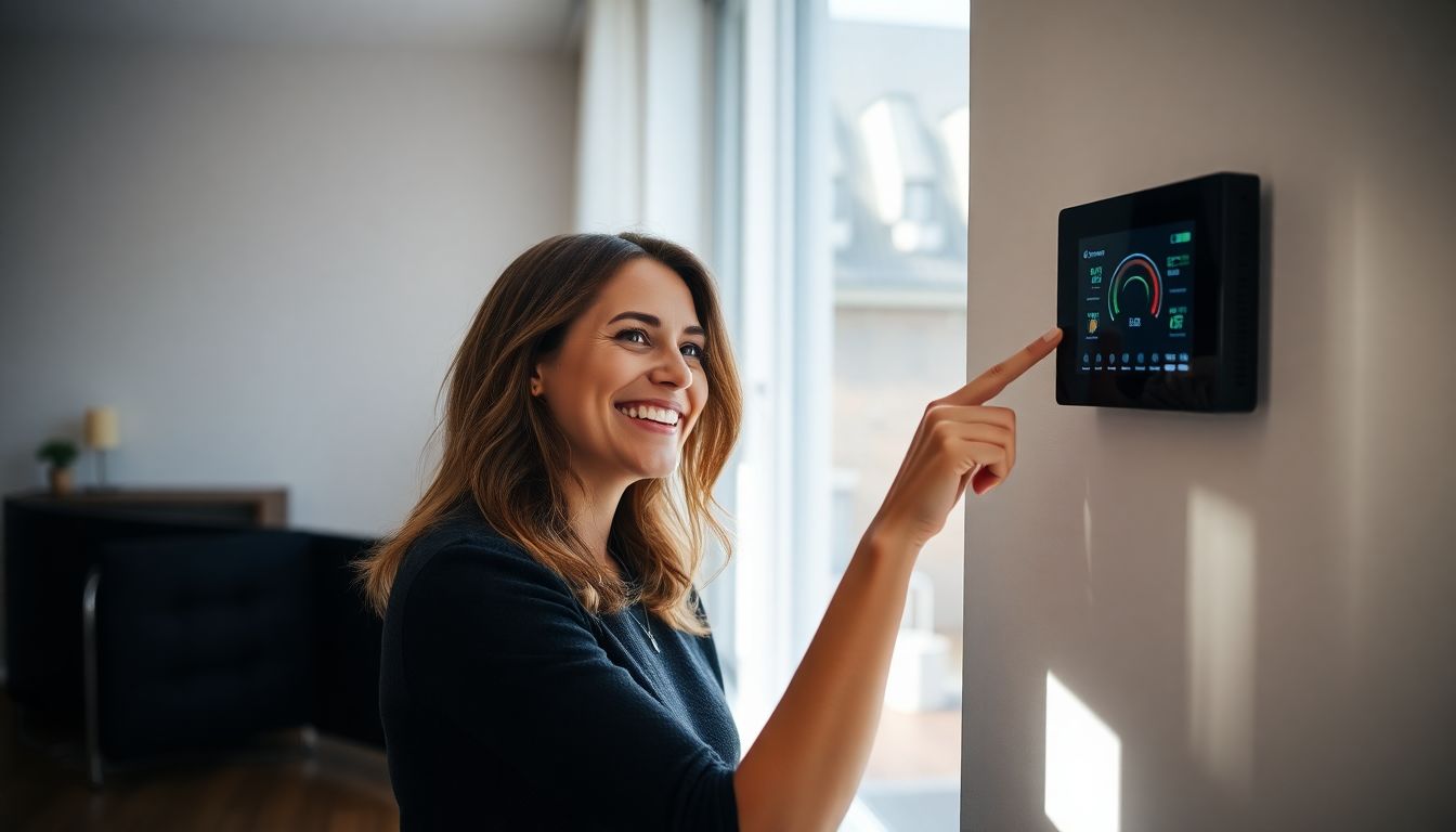 Sarah in her Dresden apartment happily checking her home energy monitor, surrounded by energy-efficient appliances.