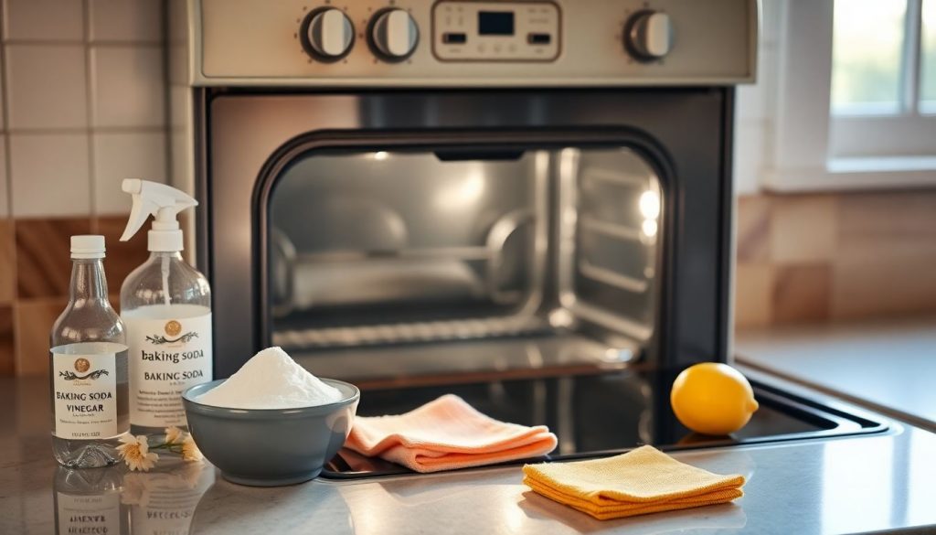A clean kitchen with a sparkling oven, featuring natural cleaning ingredients like baking soda and vinegar on the counter.