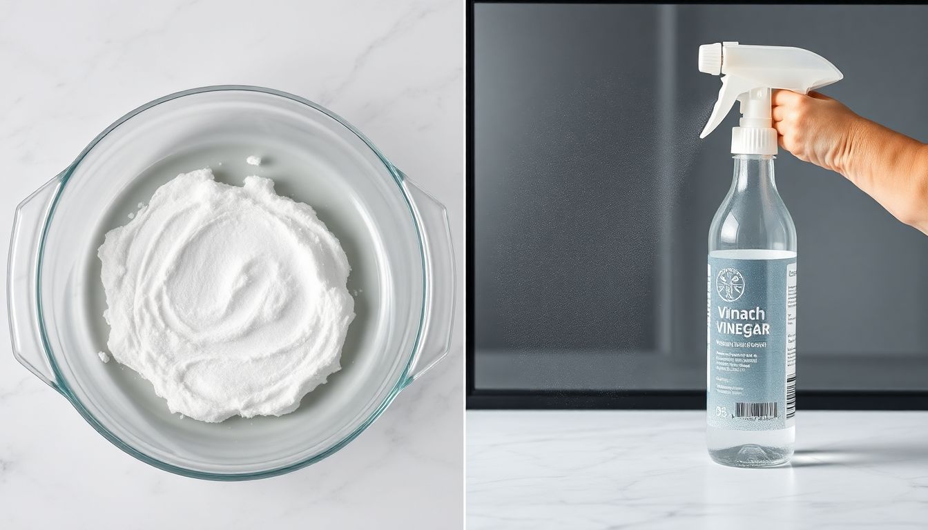 A comparison image showing the results of baking soda paste on grease and vinegar spray on limescale on oven glass.