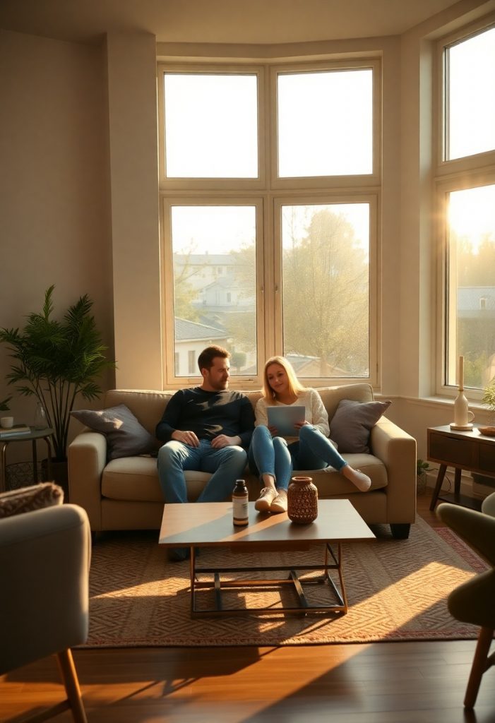 A cozy living room bathed in warm golden hour sunlight, featuring a relaxed couple in their home.
